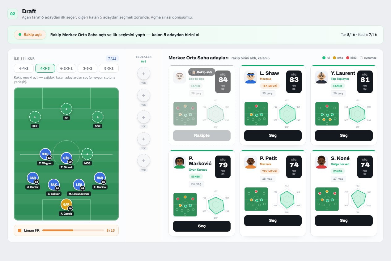 DraftVersus draft ekranı: solda diziliş ve saha, sağda güç ve potansiyel değerleriyle aday oyuncu kartları