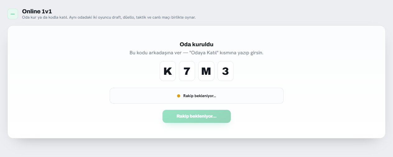 Online oda ekranı: oda kurulduğunda ekranda 4 haneli katılım kodu (örnek: K7M3) ve rakip bekleniyor göstergesi